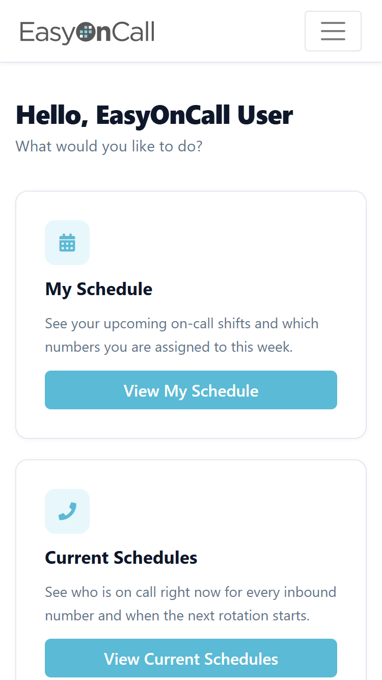 Easy On Call dashboard — My Schedule and Current Schedules