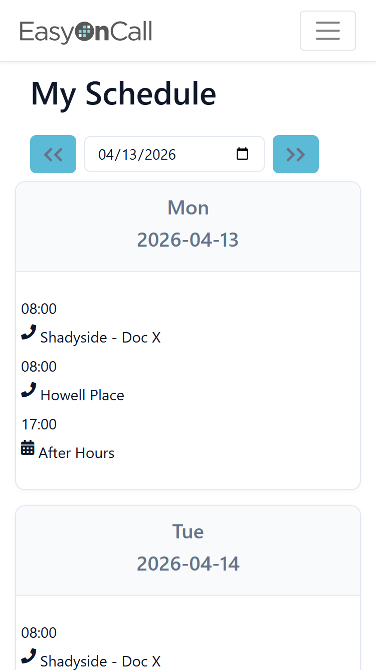 My Schedule on mobile — day-by-day view